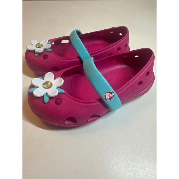 Crocs Mary Jane‎ Flower Accent Shoes Girls Pink Blue Casual Toddler Size 6 - Picture 3 of 5